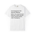 Political Statement T-Shirt — "Consequence for Sexual offense: India: Life imprisonment; Pakistan: Death penalty; China: Death [...]